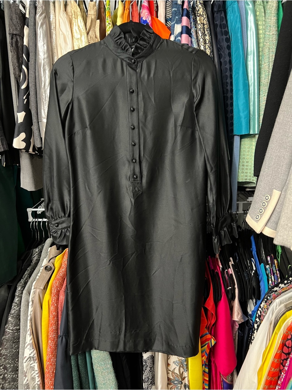 J. Crew Vintage Black Silk Satin Stand-Collar Long-Sleeve Shirt Dress